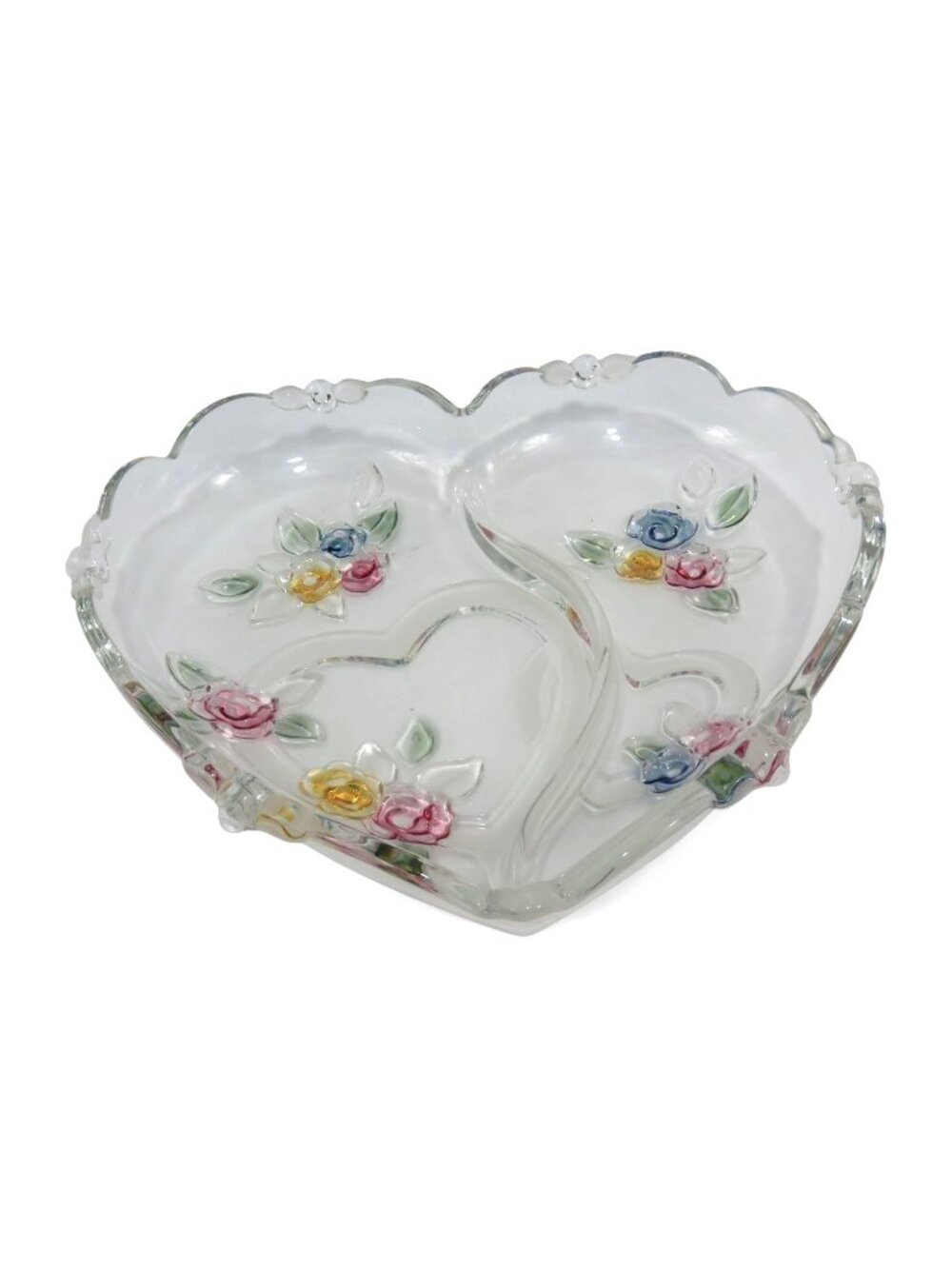 Studio Nova Heart Shaped Divided Glass Serving Dish Floral Design 11” Boxed